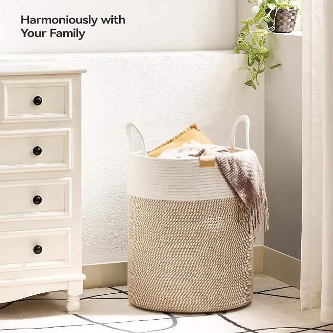 Nunsino Laundry Hamper 62L,Large Laundry Basket for Clothes,Decorative Storage Basket for Blankets,Cotton Rope Woven basket for bedroom,Brown White - Image 2