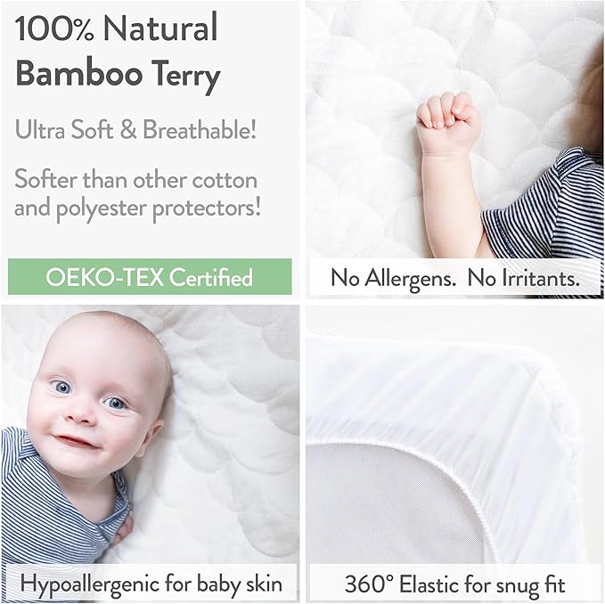 Joey + Joan Waterproof Bassinet Mattress Pad Cover Compatible with UPPABABY Stroller Bassinet – 2 Pack Quilted Mattress Protector Made from Ultra Soft Bamboo Viscose Terry – 14" x 30"