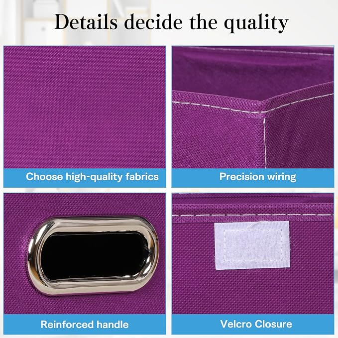 STOREONE Fabric Storage Cube Bins Foldable Organizer Container Collapsible Basket with Lids and Metal Handles, for Home, Bedroom, Closet 3 Pcs (Purple) - Image 7