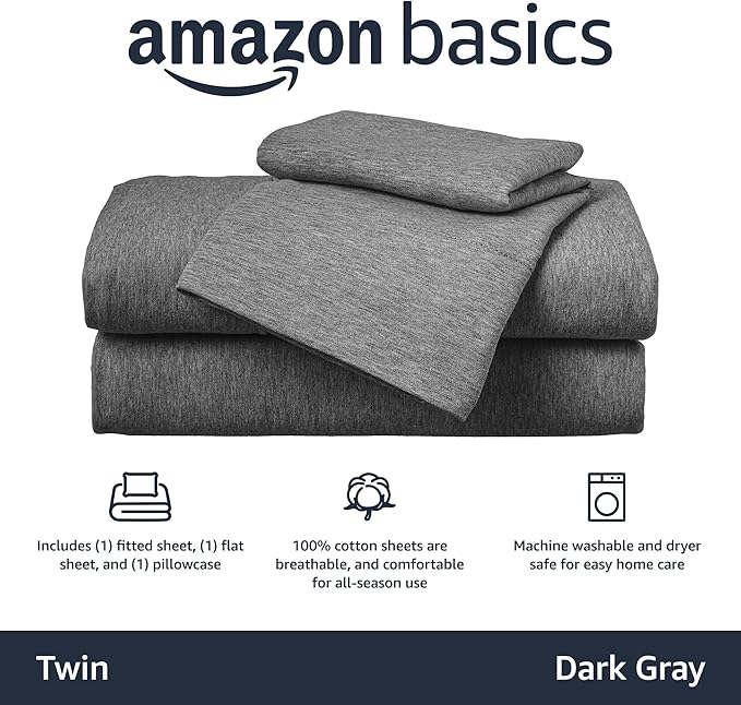 Amazon Basics Breathable, Stretchy 3 Piece Bed Sheet Set, 100% Cotton Jersey Knit, Includes Flat and Fitted Sheets, Pillowcase, Machine Washable, Twin, Dark Gray, Solid