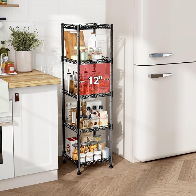 5 Tier Metal Shelving Unit Adjustable Storage Shelves:Wire Shelves Storage Rack Standing Bathroom Shelf and Narrow Small Shelf for Kitchen Pantry Closet Laundry Dorm Office 12''Wx12''Dx49''H Black - Image 2
