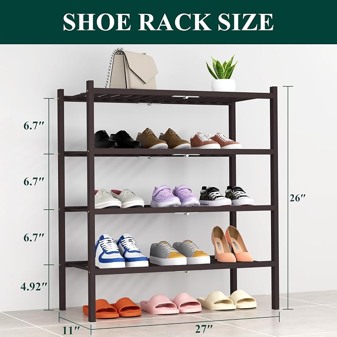 Smiry Shoe Rack, 4 Tier Thick Bamboo Shoe Organizer, Stackable Free Standing Wooden Shoe Storage Shelf for Closet, Entryway, Front Door Entrance, Brown - Image 2