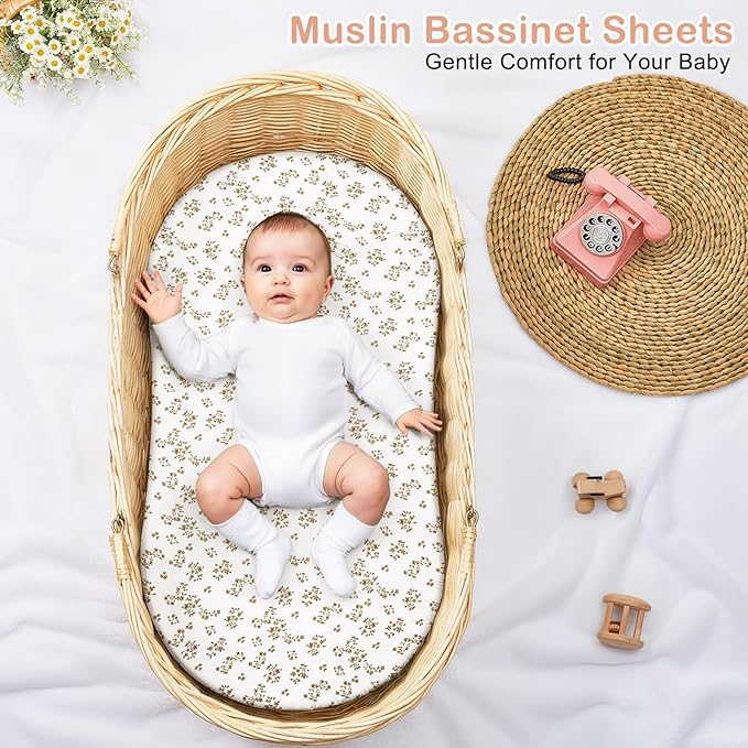 Basumee Muslin Bassinet Sheets for Baby Girl Boy 2 Pack Soft Breathable Baby Bedside Bassinet Fitted Sheets with Bottom Elastic Band Mattress Cover for Rectangle Oval Hourglass Bassinets