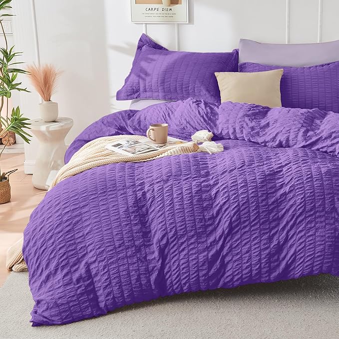 HYMOKEGE Dark Purple/Lavender California King Comforter Set Seersucker 7 Pieces, All Season Luxury Bed in a Bag for Bedroom, Bedding Set with Comforter, Sheets, Pillowcases & Shams