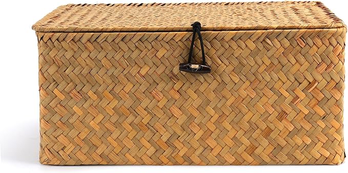 Nonam Small Basket with Lid, Natural Seagrass Bin with Lid, Shelf Baskets Multipurpose Container for Boho Decoration, Rectangular Household Storage Boxes for Home Organization-Natural - Image 2