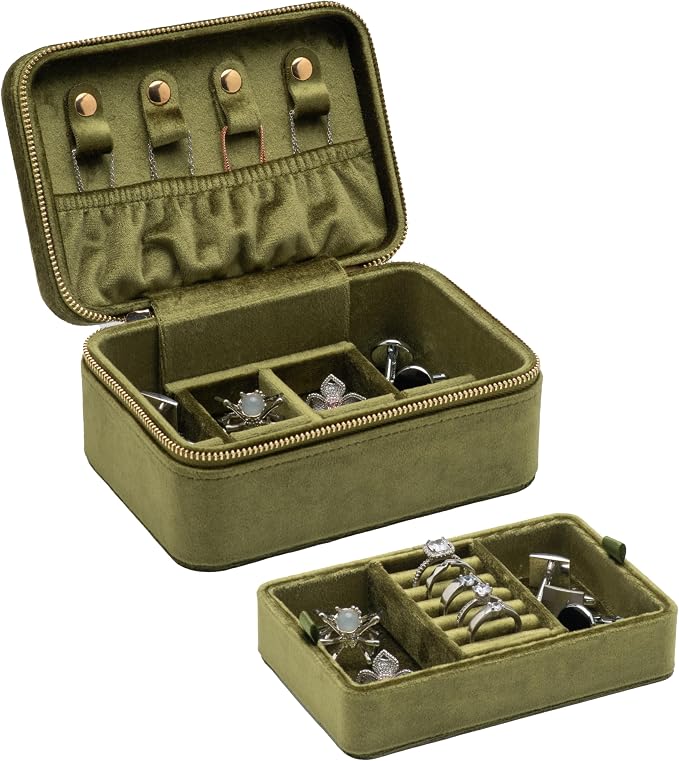 Velvet Travel Jewelry Organizer Box with Zipper Around Portable Accessory Display Tray Holder Storage Case for Multiple Earrings Rings Necklaces Bracelets (Olive Green) - Image 8