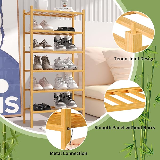 ROMGUAR CRAFT 6-Tier Bamboo Small Shoe Rack, Free Standing Wood Shoe Shelf Storage Organizer for Closet Entryway Stackable (Natural) - Image 5