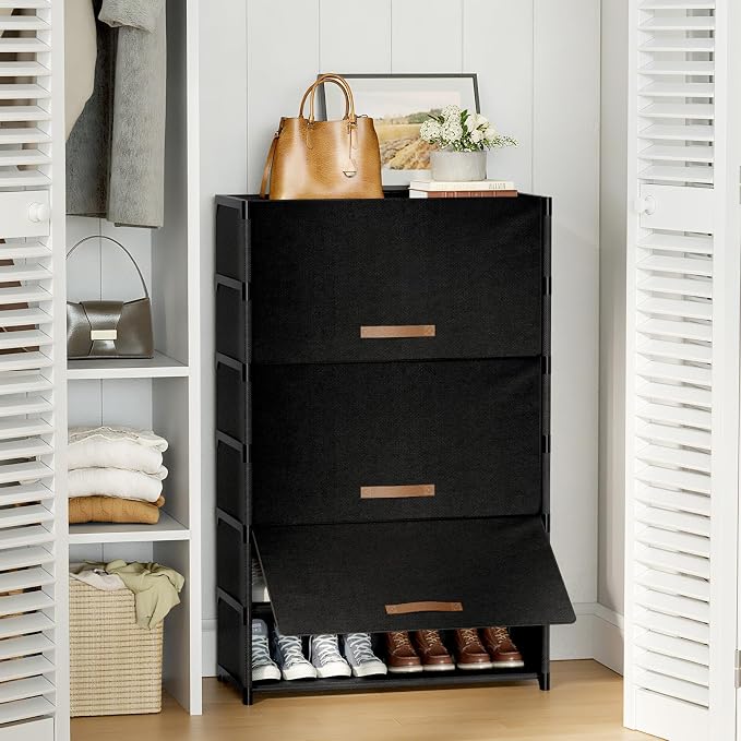 Shoe Rack, 7 Tier Shoe Storage Cabinet with Door 28 Pair Plastic Shoe Shelves Organizer for Closet, Entryway, Hallway, Bedroom, Black - Image 2