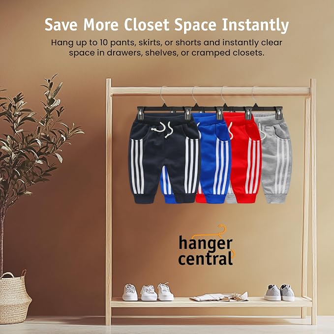 Hanger Central 30 Pack Pants Hangers Slim Plastic Clothes Hangers with Clips for Skirts, Shorts & Trousers – Non Slip Grip, Heavy Duty Space Saver with Swivel Hook – Black Closet Organizer - 10 Inch - Image 2