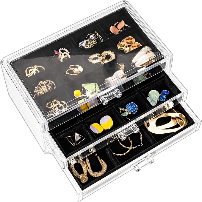 ProCase Earring Holder Organizer Jewelry Box with 3 Drawers, Acrylic Clear Earring Case with Adjustable Velvet Trays for Women - Black, 3 Layers by ProCase