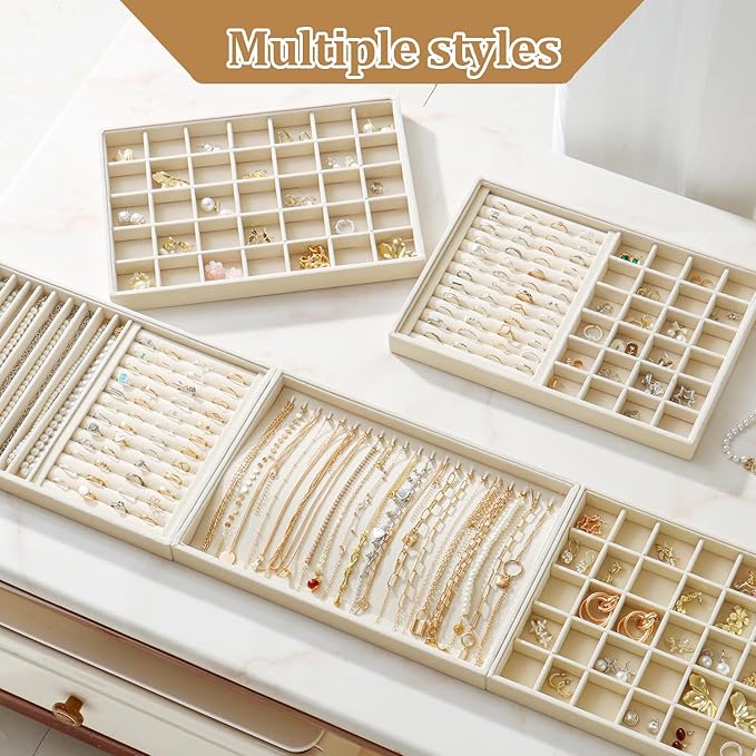 Large Velvet Jewelry Tray 2 Pack Stackable Jewelry Display Drawer Inserts Trays Organizer for Earring Bracelet Necklace Ring (Beige, 40 Grids) - Image 7