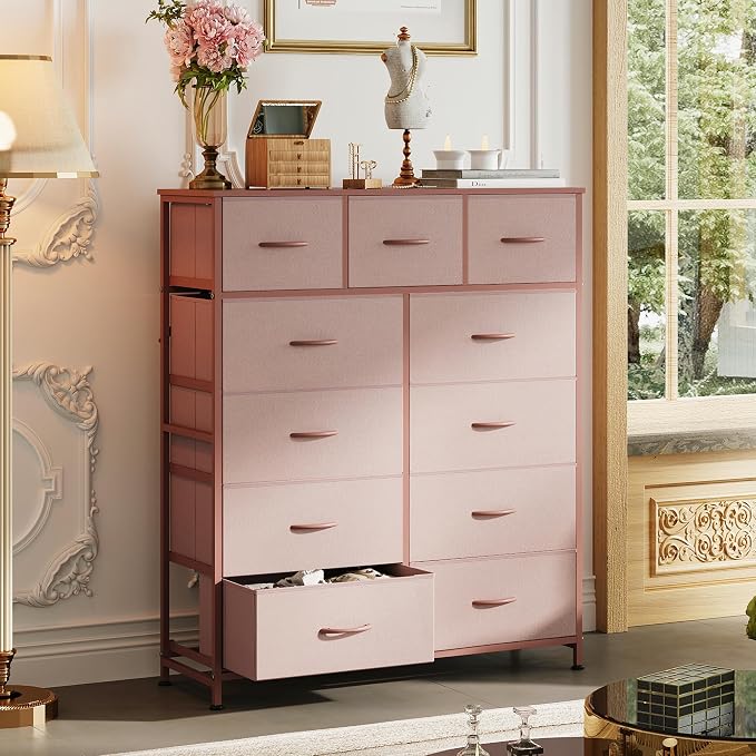 WLIVE Tall Dresser for Bedroom, Fabric Dresser Storage Tower, Chest of Drawers Organizer Unit with 11 Drawers, Storage Cabinet, Hallway, Closets, Steel Frame, Wood Top, Pink - Image 4