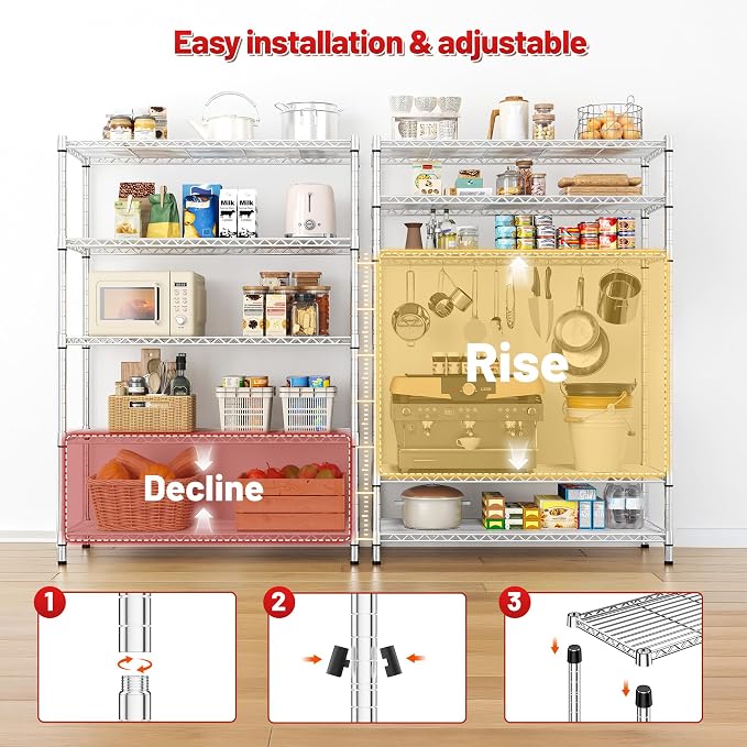 REIBII 73''H Storage Shelves 1660LBS Wire Shelving Unit with Wheels 5 Tier Metal Shelving,Heavy Duty Metal Shelves for Storage Rack,Commercial Industrial for Garage Kitchen 73''HX35''WX15''D,Chrome - Image 9