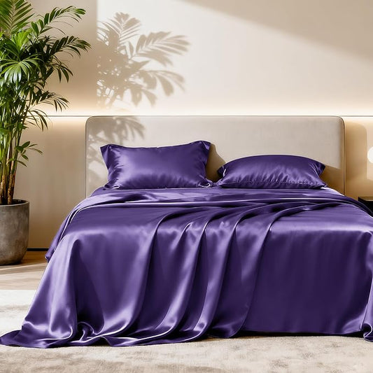 Love's cabin Full Size Satin Sheet Sets - 4 Piece Purple Silky Sheet Set Full with Deep Pocket, Luxury Silk Feel Bed Sheets Full Bedding Set (1 Flat Sheet,1 Fitted Sheet,2 Pillow Cases)