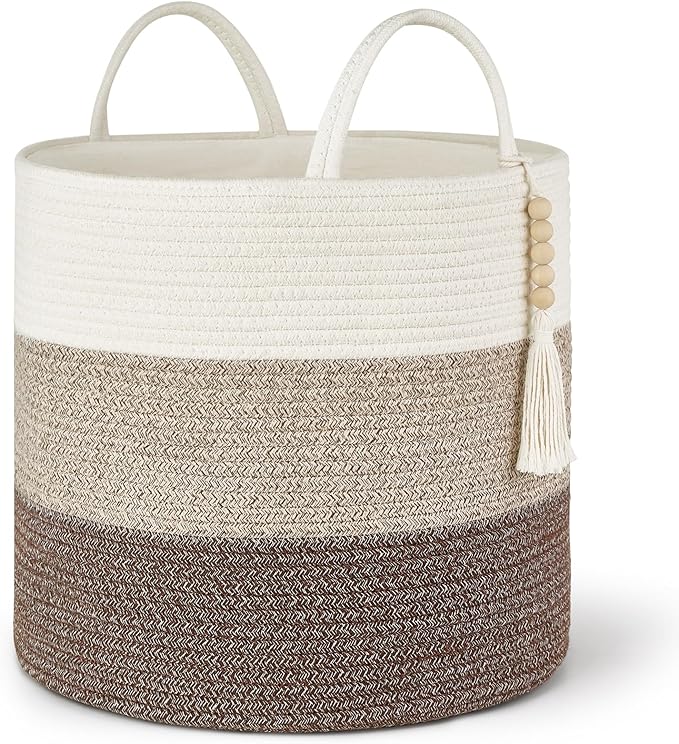 Mkono Woven Storage Basket Decorative Natural Rope Basket Wooden Bead Decoration for Blankets,Toys,Clothes,Shoes,Plant Organizer Bin with Handles Living Room Home Decor, 16" W × 13.8" L by Mkono