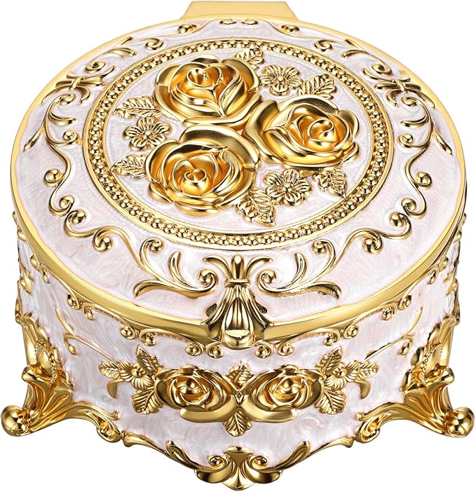 Hipiwe Round Jewery Box Metal Trinket Organizer Decorative Keepsake Box for Trrasure Ring Earring Holder Vintage Jewelry Display Case, Beige, 5.7" L x 5.1" W x 3.5" H by Hipiwe