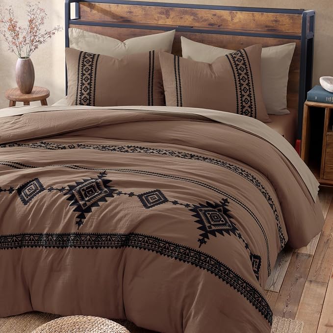 MaiRêve Embroidery Comforter Set, Boho Farmhouse Western Bedding Set, All Season Bed in A Bag Comforter Set with Sheets, Pillowcases & Shams, Brown King 7 Pieces
