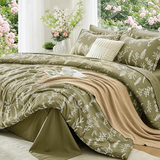 MUXHOMO Olive Green Full Comforter Set, Elegant Floral Print Bed in a Bag 7 Pieces, Ultra Soft & Breathable Reversible Botanical Pattern Bedding Set with Comforter, Sheets, Pillowcases, and Shams