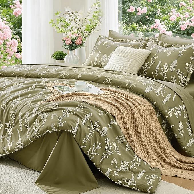 MUXHOMO Olive Green Bed in a Bag Queen 7 Pieces, Queen Comforter Set Reversible Botanical Flowers Design, Ultra Soft & Breathable Bedding Sets with Comforter, Sheets, Pillowcases & Shams
