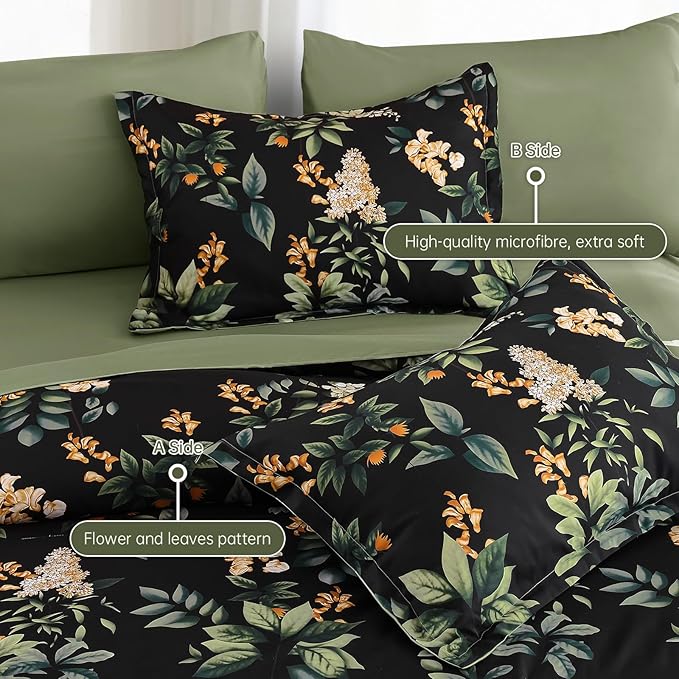 Cottolester Black Comforter Set Queen Size Floral 7-Piece Bedding Set,Botanical Comforter Set with Pillowcases,Soft Microfiber Complete Bedding Sets for All Season