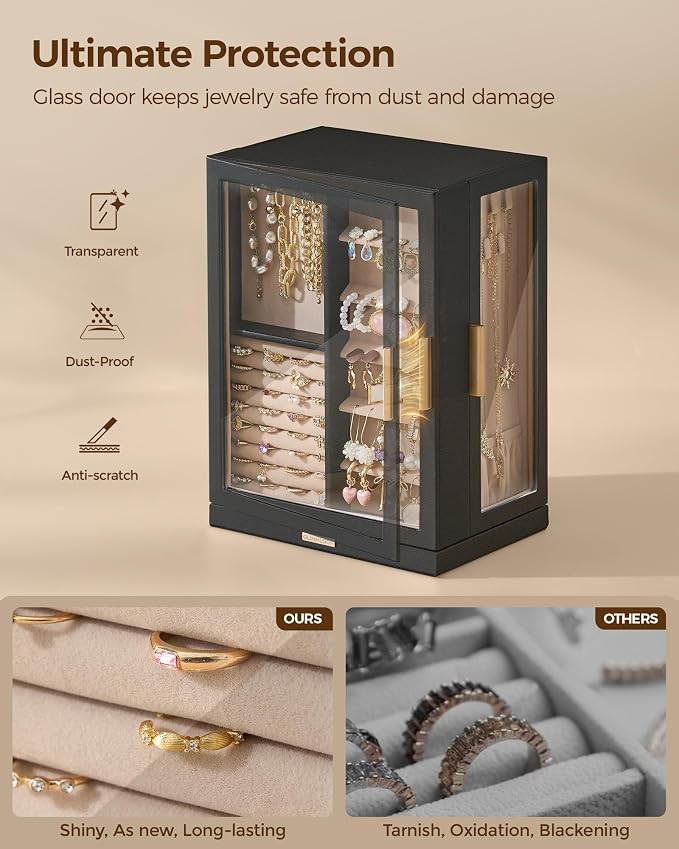 Glimmloop 360° Rotating Jewelry Box with 7 Drawers, Spacious Vertical Jewelry Organizer with Glass Window, Jewelry Storage Case, Dustproof & Moisture-resistant Design, Black - Image 3