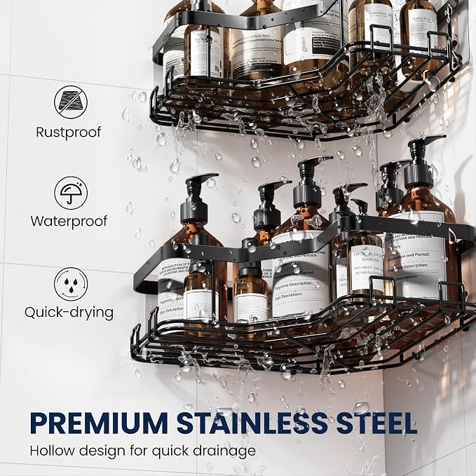 MAXIFFE 3 Pack Corner Shower Caddy with Soap Holder, Large Capacity Sturdy Adhesive Stainless Steel No Drilling Shower Organizer Shelves Rack Storage Inside Shower for Bathroom Family Renters, Black - Image 5