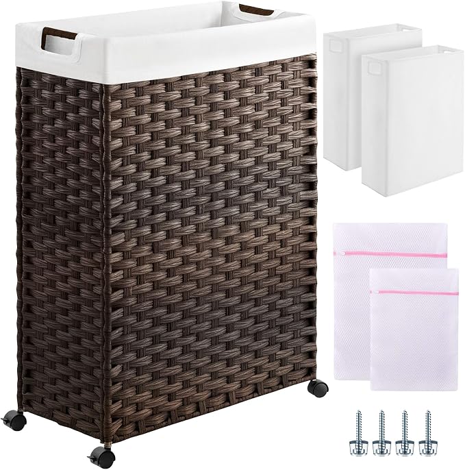 Greenstell Laundry Hamper with Wheels & Handles, 26.4 Gallon (100L) Slim Laundry Basket with 2 Removable Liner Bags & 2 Mesh Bags, Foldable Narrow Clothes Hamper for Bedroom, Bathroom, Closet, Brown by Greenstell