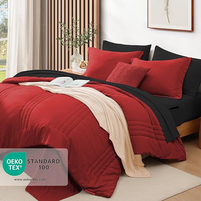 Monbix Queen Comforter Set - 7 Pieces Bright Red Bed in a Bag Queen Bedding Sets with Comforters, All Seasons Comforter Bed Set with Sheets, Pillowcases & Shams