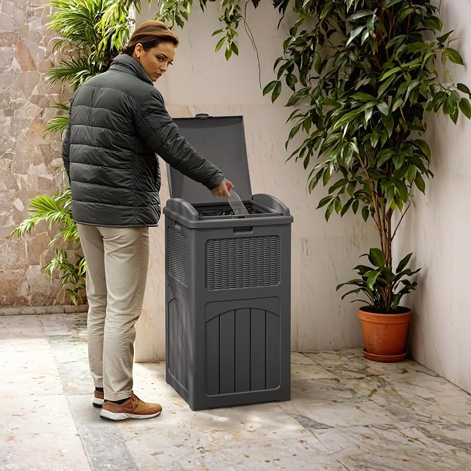 Greesum 33 Gallon Outdoor Trash Can with Lid, Waterproof Resin Garbage Bin for Hideaway, Deck, Patio, Gray - Image 6