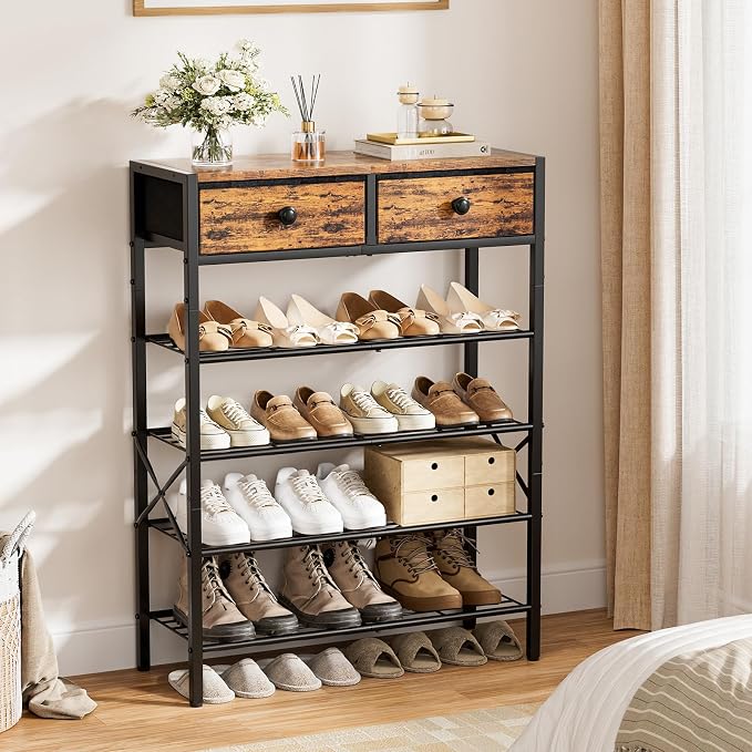 Shoe Rack for Entryway, 5 Tier Shoe Organizer with 2 Non-woven Drawers, Metal Storage Shoe Shelf for 16-20 Pairs of Shoes, with Wooden Top and Steel Frame, Shoe Stand for Closet Rustic Brown - Image 2