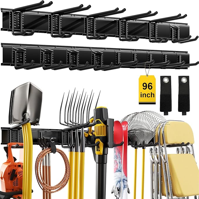 96" Garage Tool Organizer Wall Mount, 1250lbs Heavy Duty Garden Tool Storage Rack with 15 Adjustable Hooks for Yard, Shed, Garage (6 Racks, 15 Hooks, 2 Straps, Steel) by YZSFMZGE
