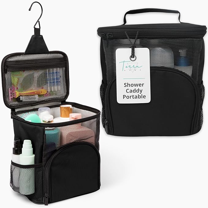 TERRA HOME Original Portable Shower Caddy For College Dorms - Foldable Mesh Tote - Dorm Room Essentials - Durable Hanging Travel Shower Bag - Perfect for College Students, Men, Women (Black) by TERRAHOME