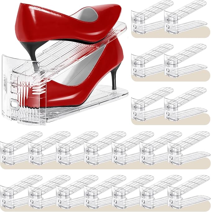 Shoe Slots Organizer 20 Pack - Shoe Stackers, 3 Levels Adjustable, Space Savers 50%, Double Layer Holders for Closet (Transparent), Organizador de Zapatos by Tgzwme