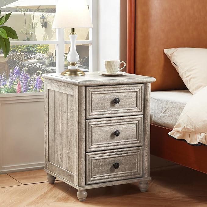 RWYHG 18" Farmhouse Night Stand, Wood Nightstand with 3 Drawers, Grey Bedside End Table with Storage and Roman Column, Bed Side Tables Cabinet for Bedroom, Living Room, and Closet