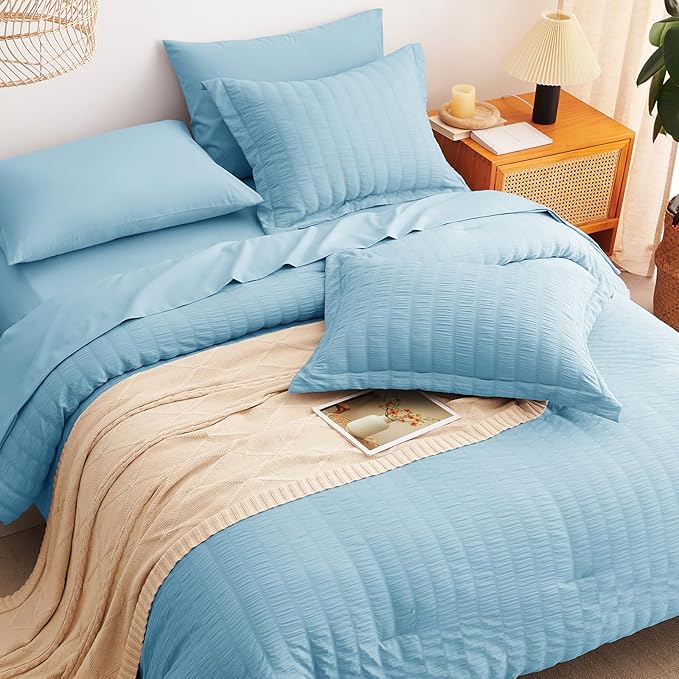 CozyLux Queen Comforter Set Sky Blue Seersucker 7 Pieces Bed in a Bag Queen Comforter Set with Sheets, Luxury Bedding Sets with Down Alternative Comforter, Sheets, Pillowcases & Shams All Seasons