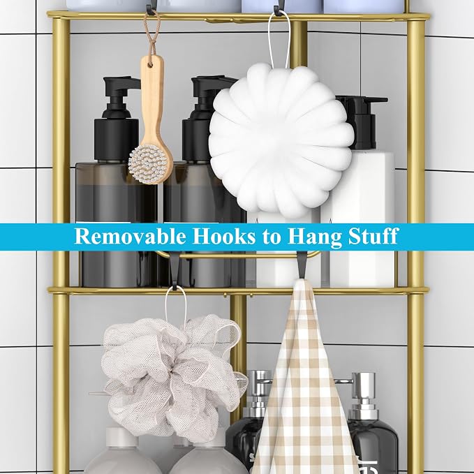 HuggieGems 5 Tier Floor Standing Corner Shower Caddy Organizer Shelf with Hooks, Bathroom Shelves Stand Rack, Gold - Image 6