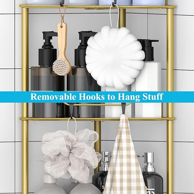 HuggieGems 4 Tier Floor Standing Corner Shower Caddy Organizer Shelf with Hooks, Bathroom Shelves Stand Rack, Gold - Image 4
