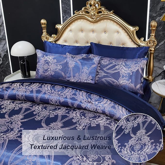 Jacquard Queen Comforter Set Blue Satin Sheet Set Elegant Bedding Set 8 Pcs Vintage Neoclassical Floral Bed Home Decor Soft Comforter Luxury Hotel Silky Bed in a Bag with 1 Cushion Cover