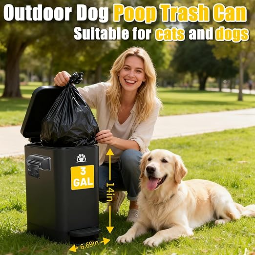 Dog Poop Trash Can Outside,3Gal Metal Outdoor Trash Can,Outdoor Dog Poop Trash Can with Lid for Odor Control,Waterproof Dog Waste Trash Can - Includes Poop Scooper for Dogs & Bin Bag Holder (Black) - Image 2