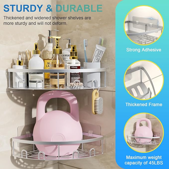 Corner Shower Caddy, 2 Pack Adhesive Bathroom Shower Corner Organizer Shelf, No Drilling Rustproof Wall Mounted Shower Storage Rack Shampoo Holder Organizer (Silver) - Image 5