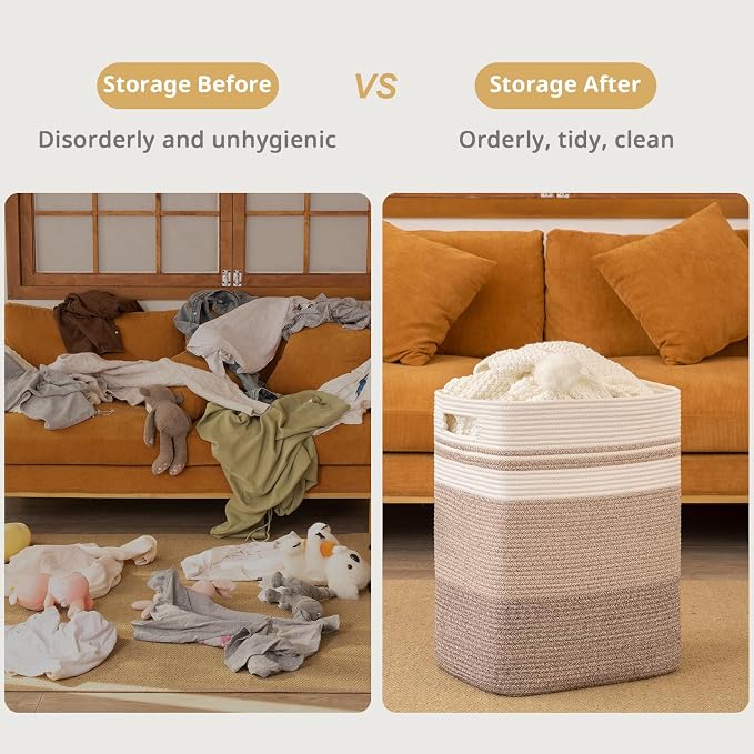 OIAHOMY Rectangle Laundry Basket, Large Laundry Hamper with Handles, Cotton Blanket Basket for Living room, Woven Decorative Storage Basket for Clothes,Pillows-16x13x22in-Gradient Yellow - Image 5