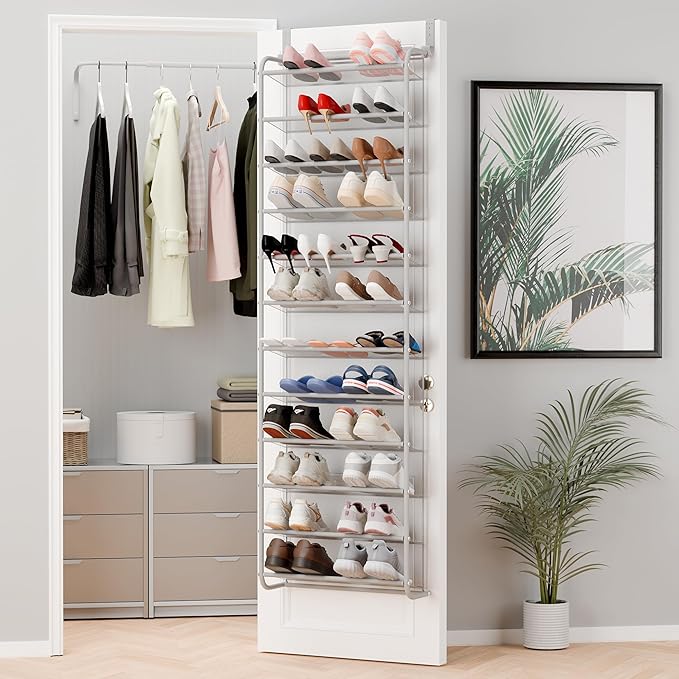 Whitmor 36 Pair Over The Door Shoe Organizer, 12 Tier Hanging Shoe Organizer, Heavy Duty Metal & Mesh Shoe Holder, Hanging Shoe Rack for Closet Organizer & Storage, 69"L x 21.7"W x 7.5"H, Grey by Whitmor