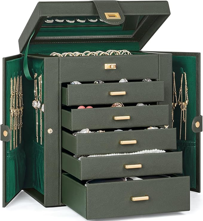AKOZLIN 6-Tier Jewelry Box Organizer Functional 5 Drawers Leather Jewelry Storage Case for Women Girls Ring Necklace Earring Bracelet Holder Organizer with Mirror Dark Green by AKOZLIN