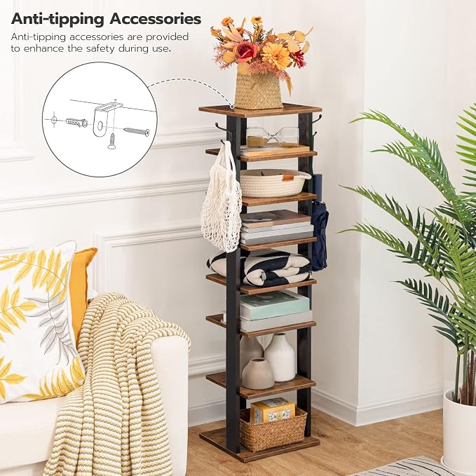 HOOBRO 8 Tiers Vertical Shoe Rack, Wooden Shoe Storage Organizer with Hooks, Narrow Shoe Tower for 8 Pairs, Space Saving, for Entryway, Living Room, Bedroom, Rustic Brown BF07XJ01G1 - Image 8