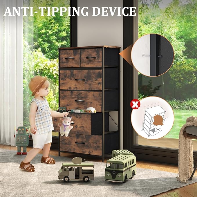 Fabric Dresser for Bedroom, Tall Skinny Dresser with 6 Drawers, Storage Organizer Tower, Steel Frame Wooden Top for Closet, Living Room, Hallway(Rustic Brown) - Image 5