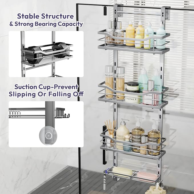SWTYMIKI Over the Door Shower Caddy - 4 Tier Adjustable Shower Organizer Hanging with Soap Holder, No Drilling Stainless Steel Bathroom Rack Hanging for Body Wash, Shampoo, Soap, Razor, Silver - Image 5
