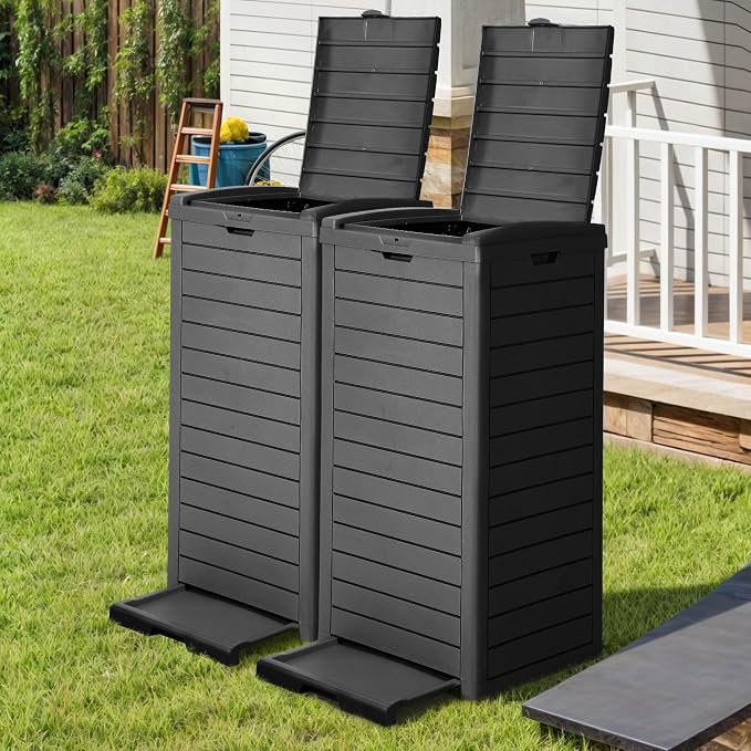 DWVO 38 Gallon Large Outdoor Trash Can, 2-Pack Waterproof Resin Hideaway Garbage Bin with Lid and Drip Tray, Outside Trash Bin for Porch, Backyard, Deck, Patio, Poolside, Easy to Clean, Black - Image 6