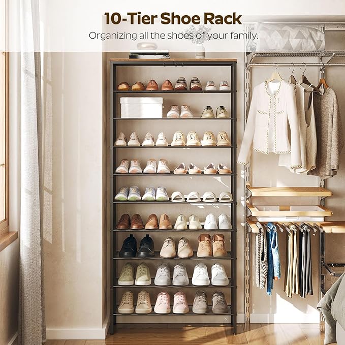 YATINEY 10 Tier Shoe Rack, Large Capacity Shoe Storage Organizer Holds 40 Pairs, Sturdy and Stable, for Entryway, Hallway, Closet, Dorm Room, Rustic Brown SS10BR - Image 4