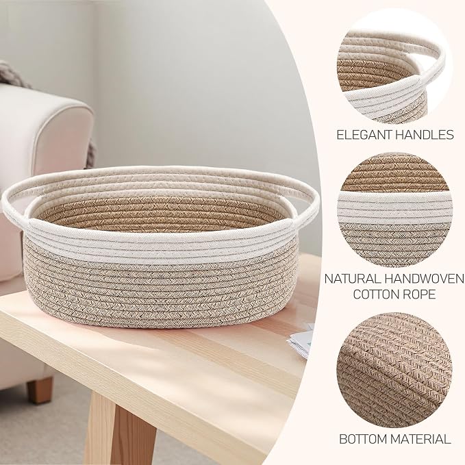 JMvicyroam Woven Basket,Small Rope Storage Bin with Handles & Ribbon Bag, Organizer for Shelves Closets,Gift Basket Empty for Birthday,Books,Dog Toys, White&Oatmeal - Image 3