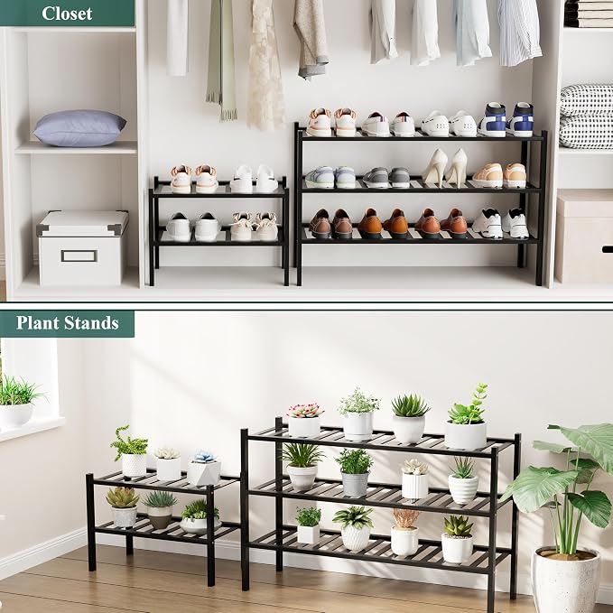 Smiry Shoe Rack, 2 Tier Small Bamboo Shoe Organizer, Stackable Free Standing Wooden Shoe Storage Shelf for Closet, Entryway, Front Door Entrance, Black - Image 7
